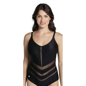 $209 LEONISA Glittery Backless Tummy Shaping One-Piece Swimsuit Black Mesh XLG